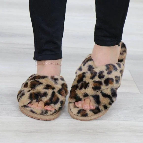 Leopard  Fuzzy Furry Criss Cross Sandal Sliders - Picture 2 of 14